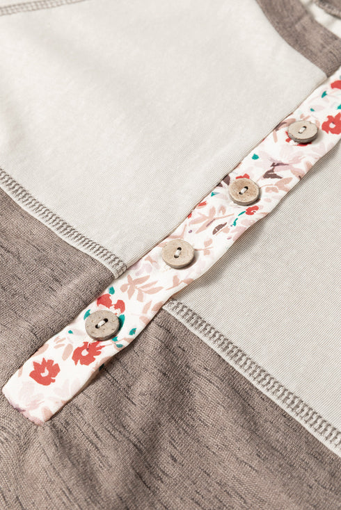 Western Patchwork Floral Print Button Up Henley Blouse