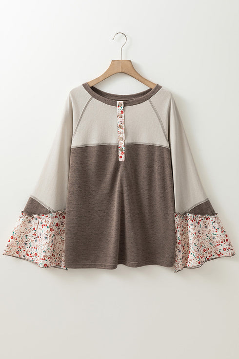 Western Patchwork Floral Print Button Up Henley Blouse