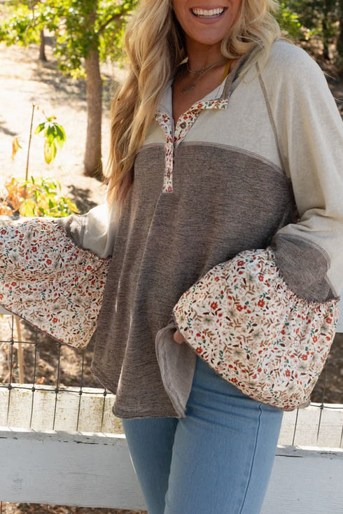 Western Patchwork Floral Print Button Up Henley Blouse