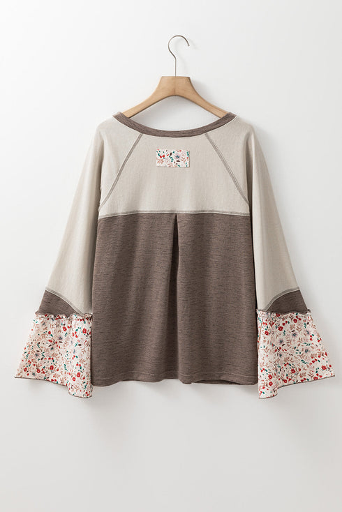 Western Patchwork Floral Print Button Up Henley Blouse