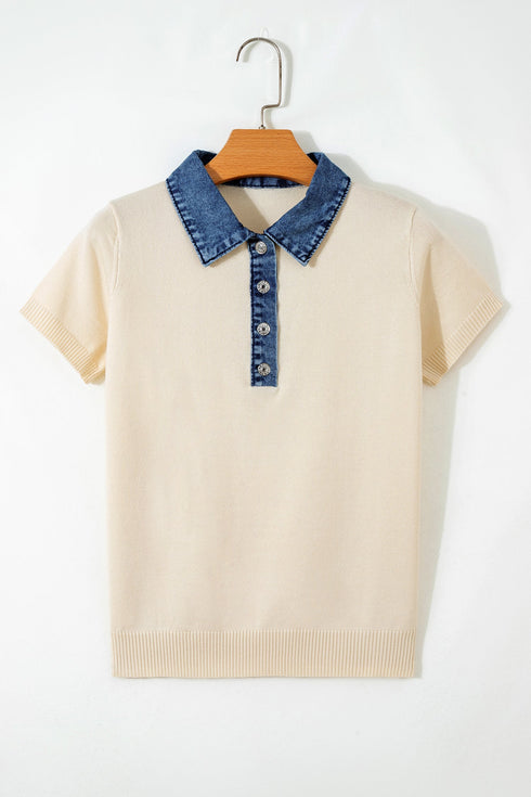 Western Patchwork Knit Polo Collar Short Sleeve Sweater