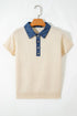 Western Patchwork Knit Polo Collar Short Sleeve Sweater