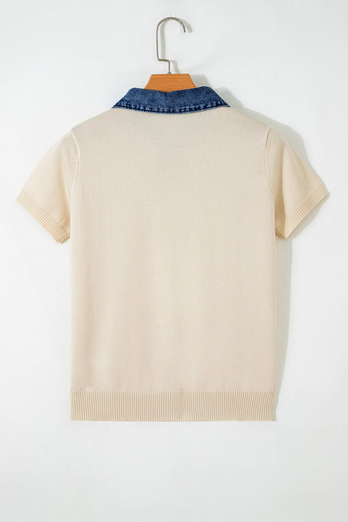 Western Patchwork Knit Polo Collar Short Sleeve Sweater