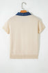 Western Patchwork Knit Polo Collar Short Sleeve Sweater