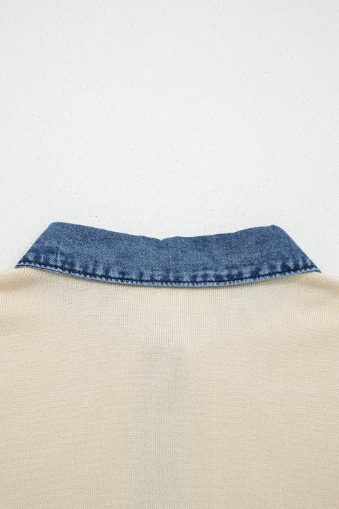 Western Patchwork Knit Polo Collar Short Sleeve Sweater