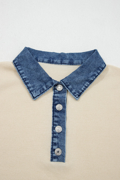 Western Patchwork Knit Polo Collar Short Sleeve Sweater