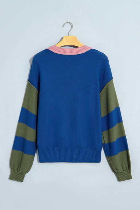 Western Patchwork Striped Long Sleeve Pullover Sweater