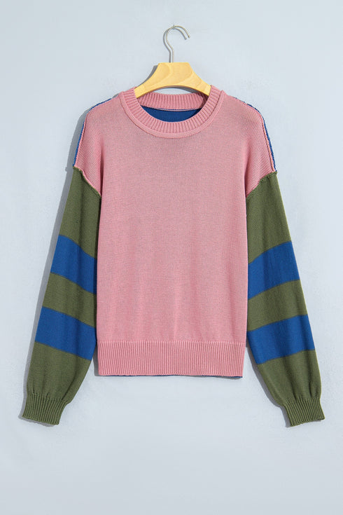 Western Patchwork Striped Long Sleeve Pullover Sweater