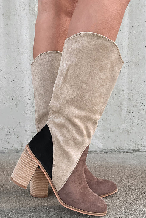 Western Patchwork Suede Chunky Heel Calf Boots