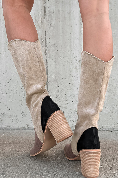 Western Patchwork Suede Chunky Heel Calf Boots