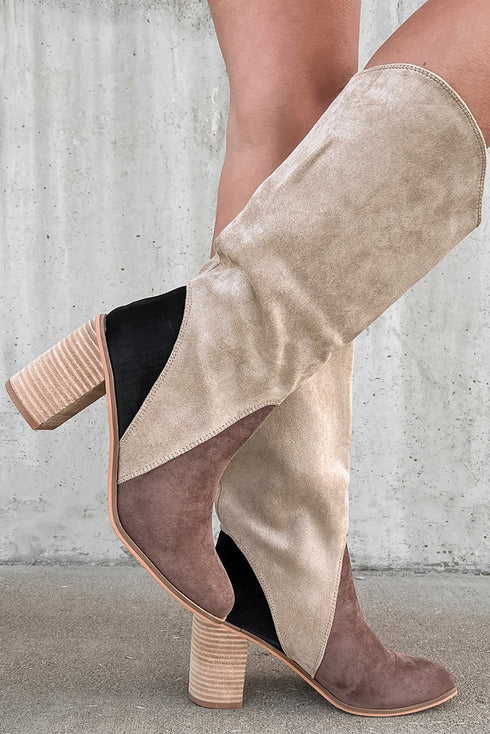 Western Patchwork Suede Chunky Heel Calf Boots