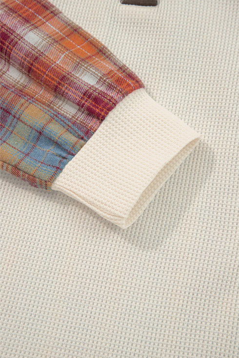 Western Patchwork Waffle Knit Long Sleeve Henley Top