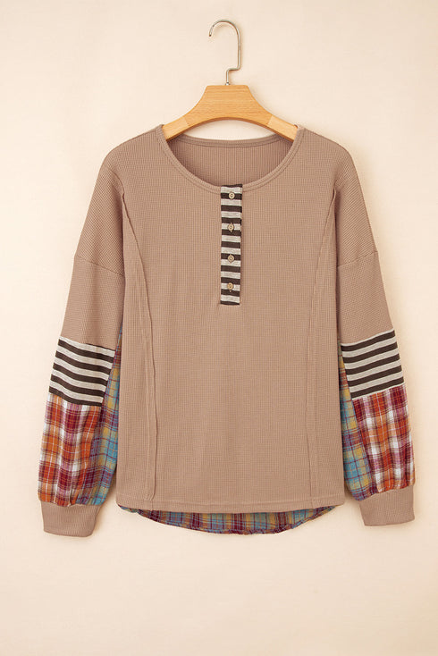 Western Patchwork Waffle Knit Long Sleeve Henley Top