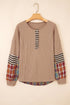 Western Patchwork Waffle Knit Long Sleeve Henley Top
