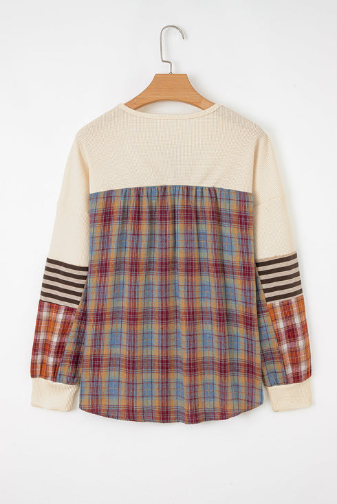 Western Patchwork Waffle Knit Long Sleeve Henley Top