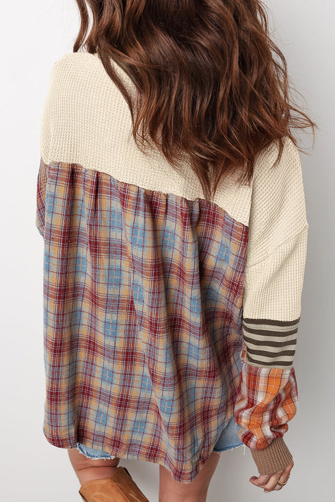 Western Patchwork Waffle Knit Long Sleeve Henley Top