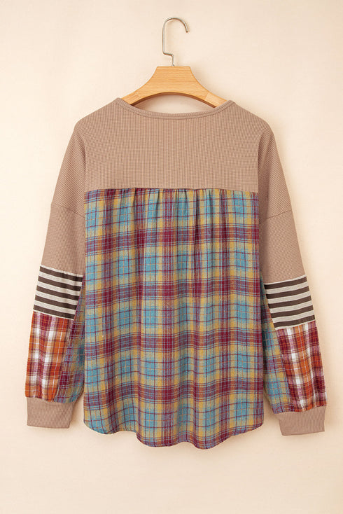 Western Patchwork Waffle Knit Long Sleeve Henley Top