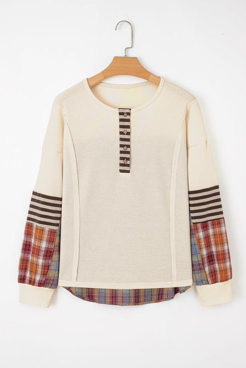Western Patchwork Waffle Knit Long Sleeve Henley Top