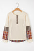 Western Patchwork Waffle Knit Long Sleeve Henley Top