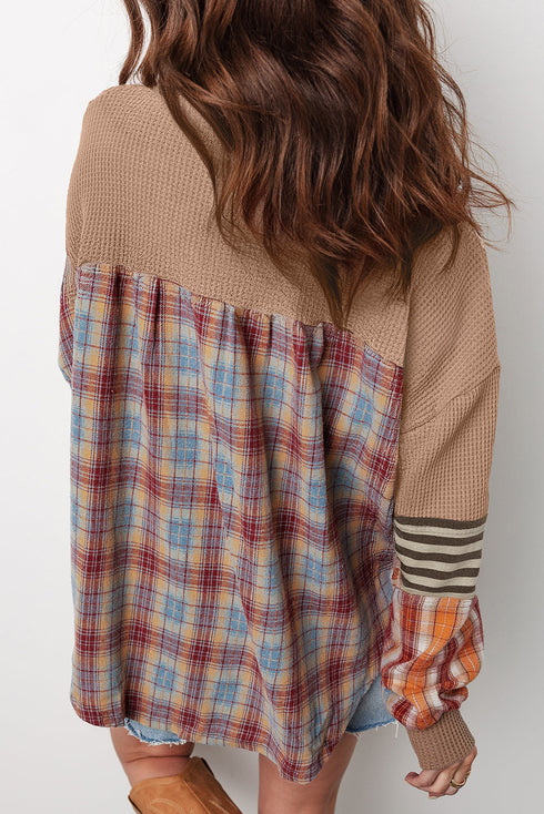 Western Patchwork Waffle Knit Long Sleeve Henley Top