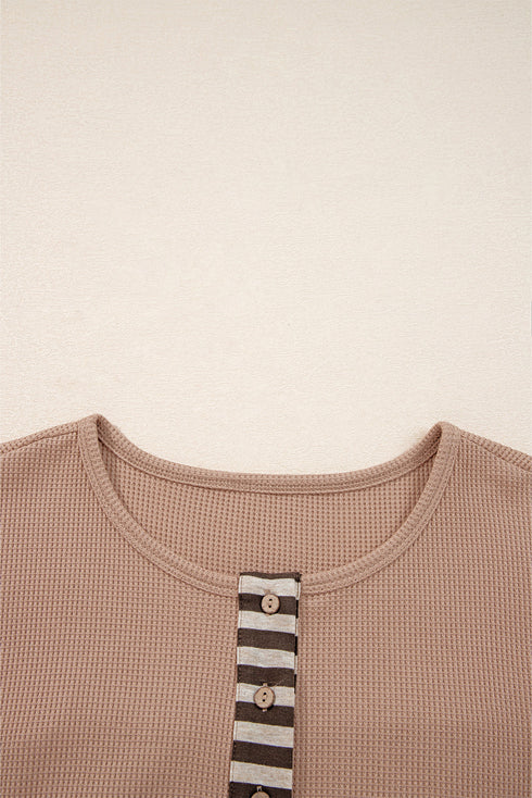 Western Patchwork Waffle Knit Long Sleeve Henley Top