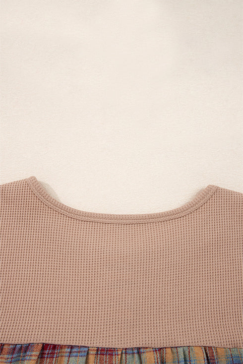 Western Patchwork Waffle Knit Long Sleeve Henley Top