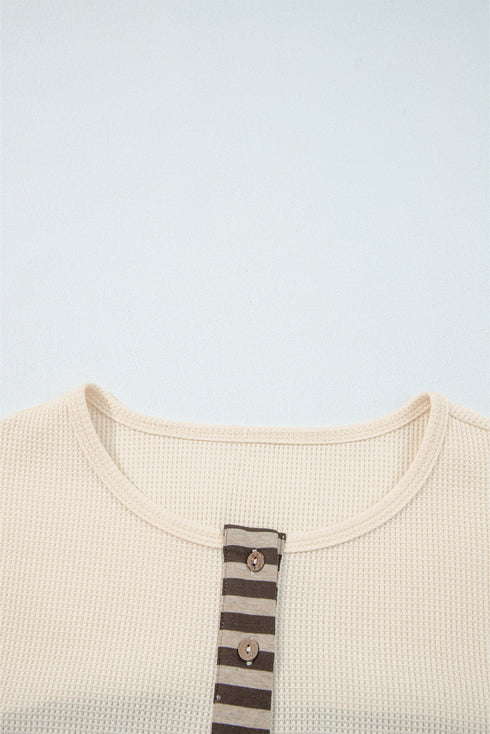 Western Patchwork Waffle Knit Long Sleeve Henley Top