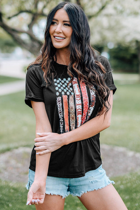 Western Patriotic Graphic Print Short Sleeve Tee