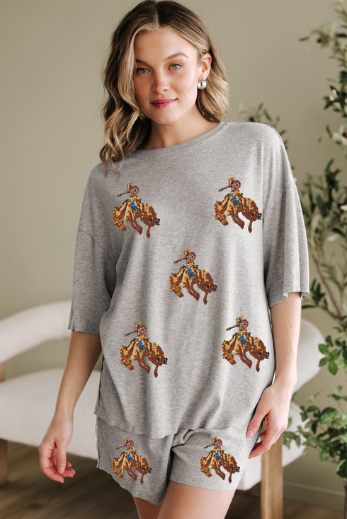 Western Pattern Patched Tee And Pocketed Shorts Graphic Set