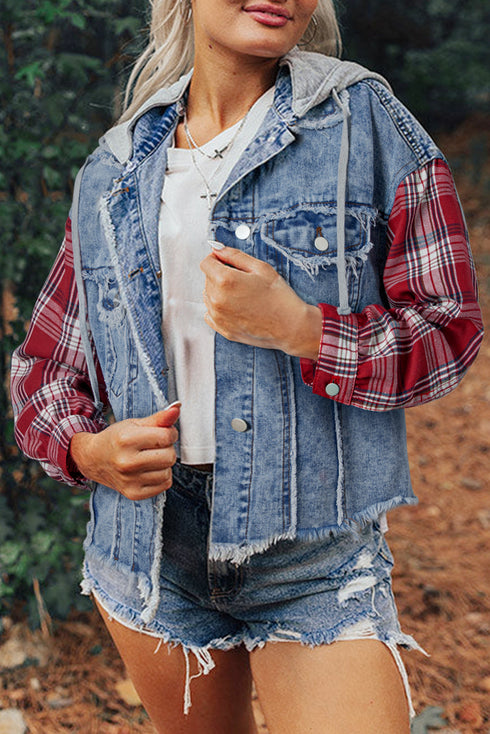 Western Plaid Patchwork Hooded Raw Hem Denim Jacket