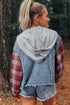 Western Plaid Patchwork Hooded Raw Hem Denim Jacket