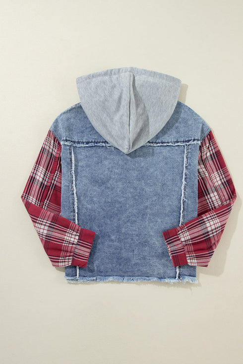 Western Plaid Patchwork Hooded Raw Hem Denim Jacket