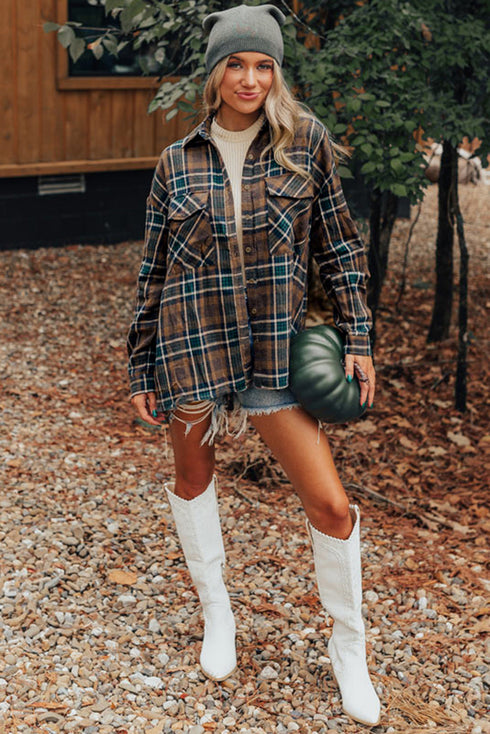 Western Plaid Print Buttoned Chest Pocket Shacket