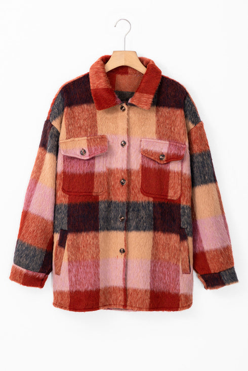 Western Plaid Print Fleece Button Flap Pocket Outerwear