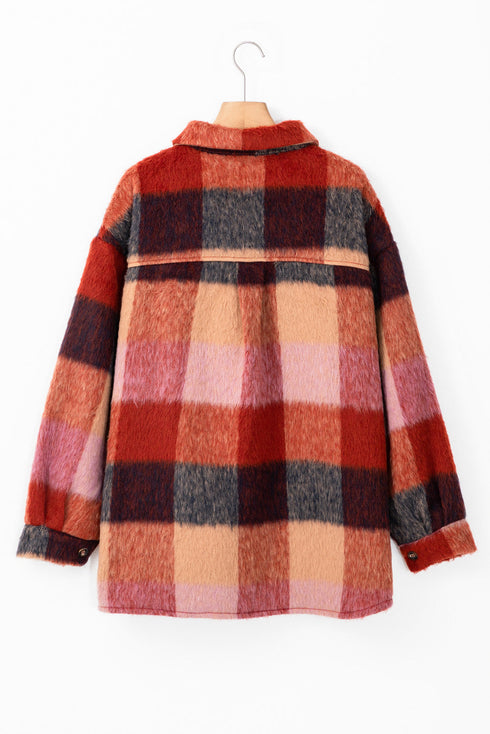 Western Plaid Print Fleece Button Flap Pocket Outerwear