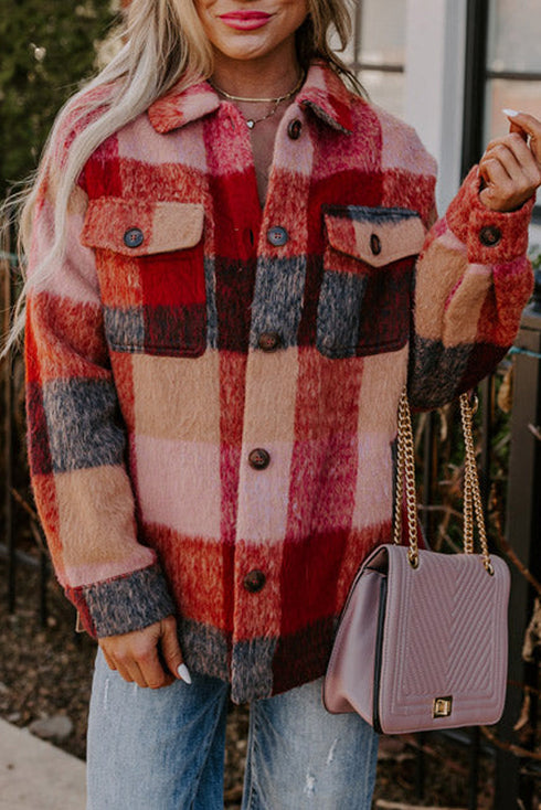 Western Plaid Print Fleece Button Flap Pocket Outerwear