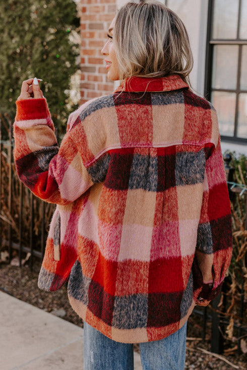 Western Plaid Print Fleece Button Flap Pocket Outerwear