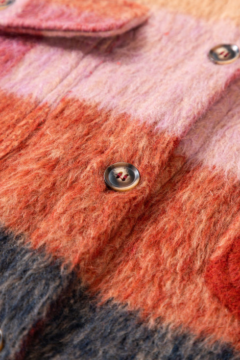 Western Plaid Print Fleece Button Flap Pocket Outerwear