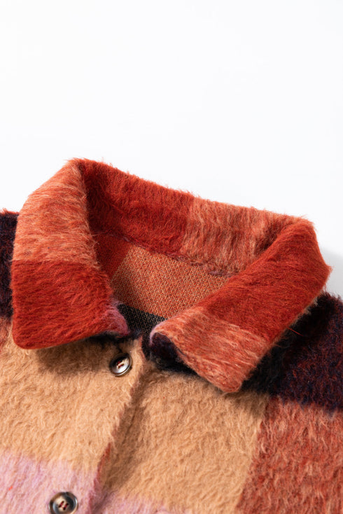 Western Plaid Print Fleece Button Flap Pocket Outerwear