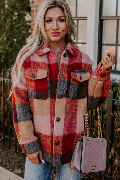Western Plaid Print Fleece Button Flap Pocket Outerwear
