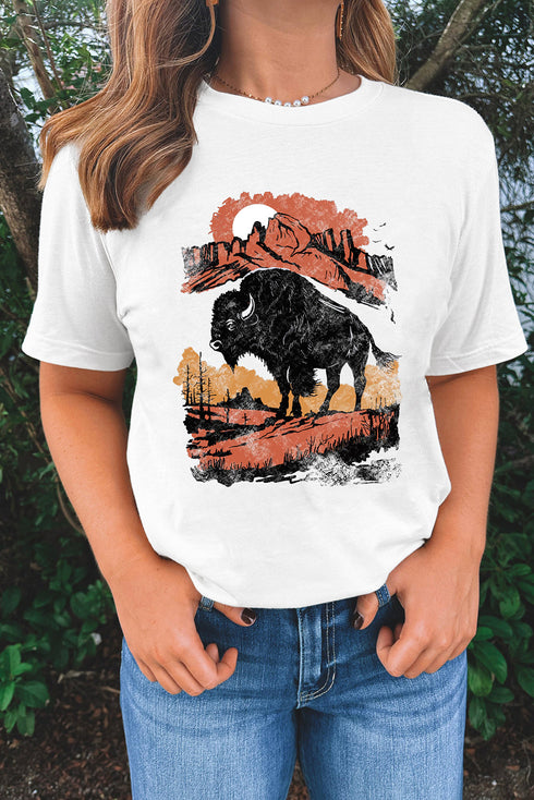 Western Plains Buffalo Graphic Print Crew Neck Tee