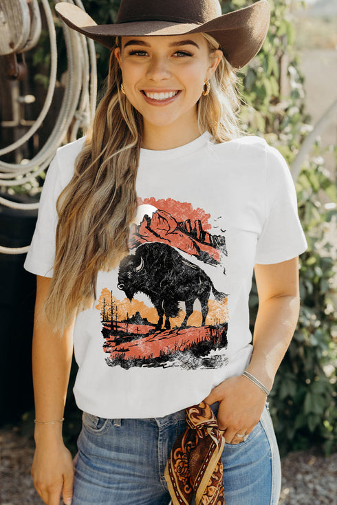 Western Plains Buffalo Graphic Print Crew Neck Tee