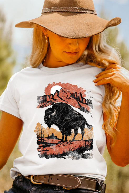 Western Plains Buffalo Graphic Print Crew Neck Tee