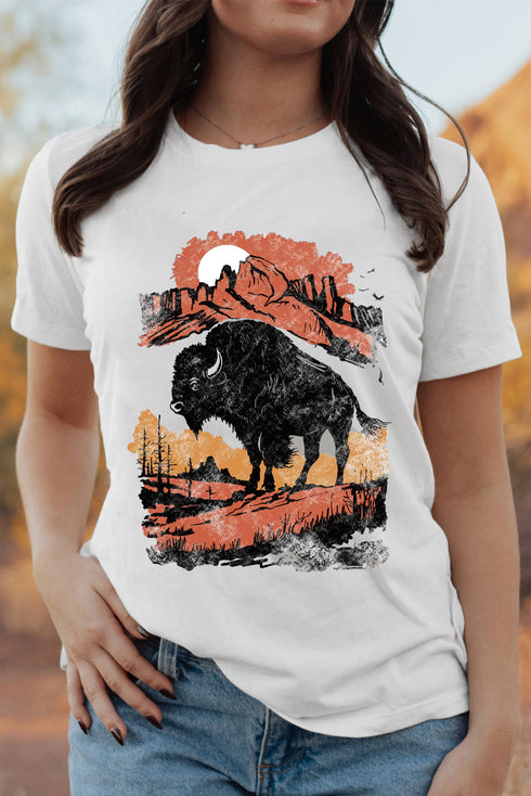 Western Plains Buffalo Graphic Print Crew Neck Tee