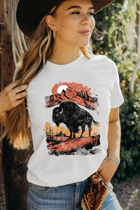 Western Plains Buffalo Graphic Print Crew Neck Tee