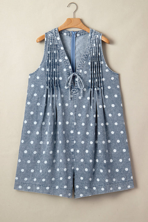Western Polka Dot Tie V Neck Pleated Denim Romper