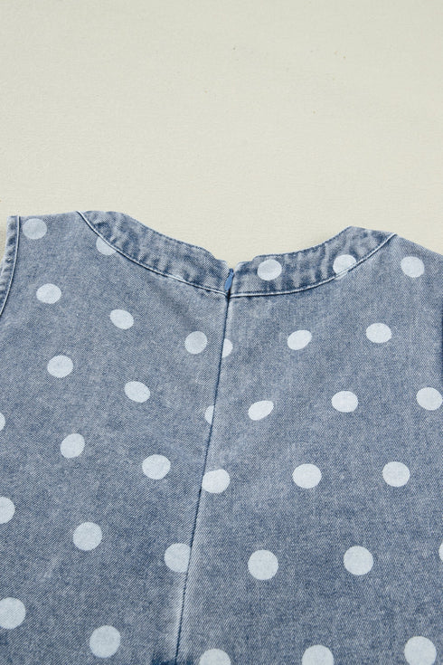 Western Polka Dot Tie V Neck Pleated Denim Romper