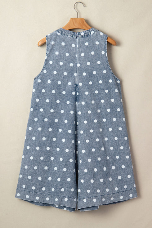 Western Polka Dot Tie V Neck Pleated Denim Romper