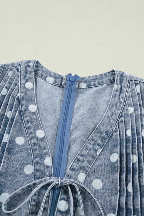 Western Polka Dot Tie V Neck Pleated Denim Romper