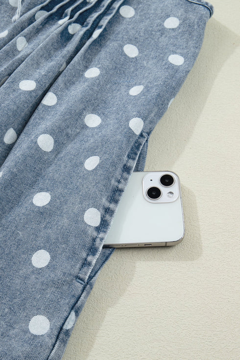 Western Polka Dot Tie V Neck Pleated Denim Romper